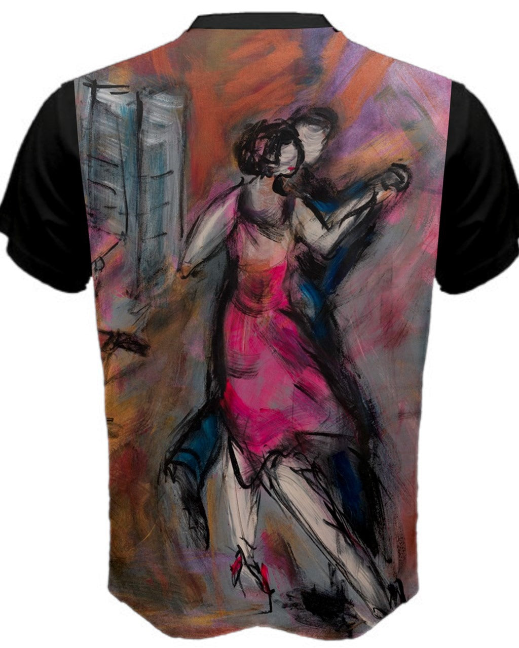 Back view of a vibrant men's  T-shirt featuring original artwork by Leeorah. The design bursts with a kaleidoscope of colors, blending seamlessly to create a captivating visual display. Available in a range of sizes to suit all body types, this T-shirt is a bold statement piece for any wardrobe