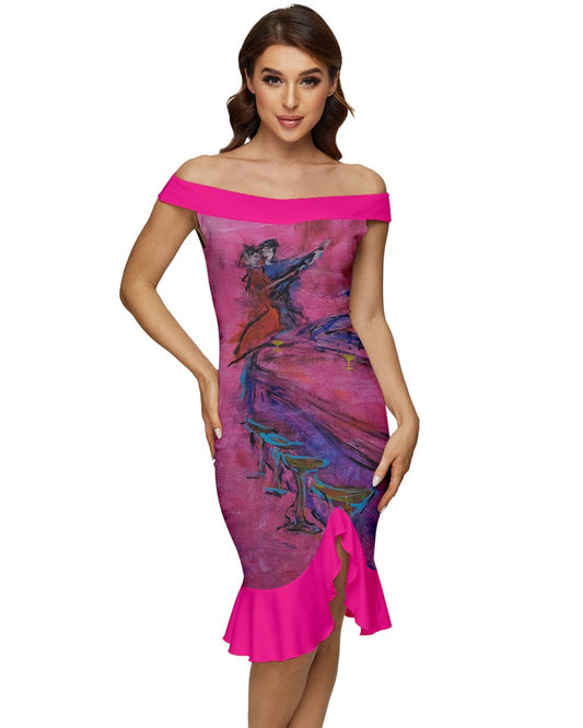 A stunning pink dress designed by Leeorah, featuring original art, perfect for lighting up the dance floor or commanding attention at any elegant event. Its figure-hugging silhouette embraces all sizes with flattering grace, promising to make you stand out amidst the crowd.Front view