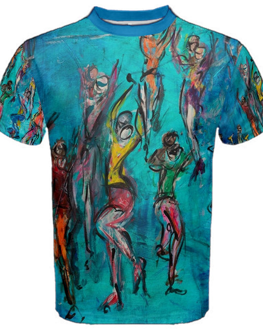 Front view of a vibrant men's T-shirt featuring original artwork by Leeorah. The design bursts with a kaleidoscope of colors, blending seamlessly to create a captivating visual display. Available in a range of sizes to suit all body types, this T-shirt is a bold statement piece for any wardrobe