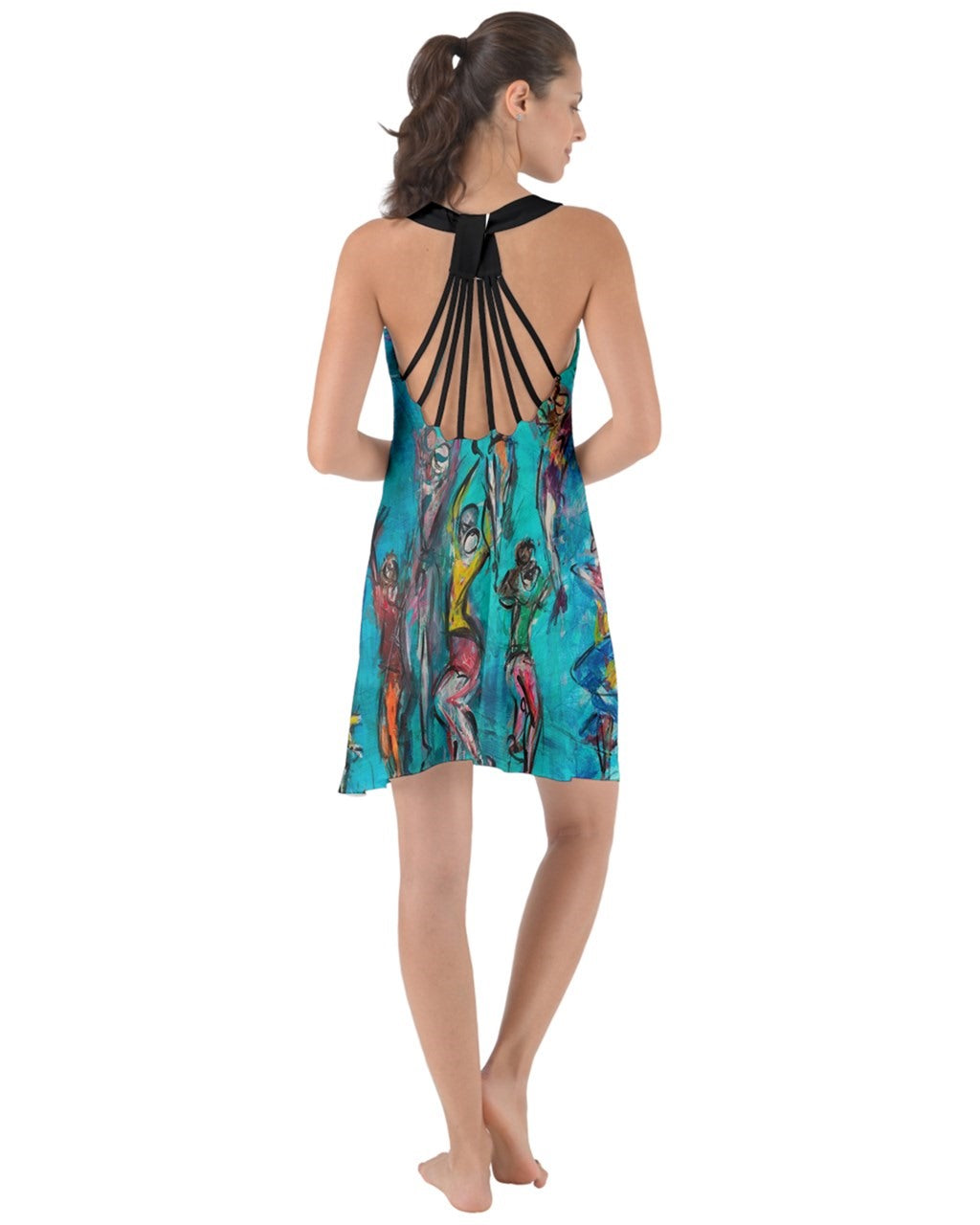 A captivating torquoise swirling dress featuring criss-cross back straps, adorned with original art by Leeorah. The fabric gracefully flows, accentuating movement with its seductive design .Be the star on the dance floor .Back view 