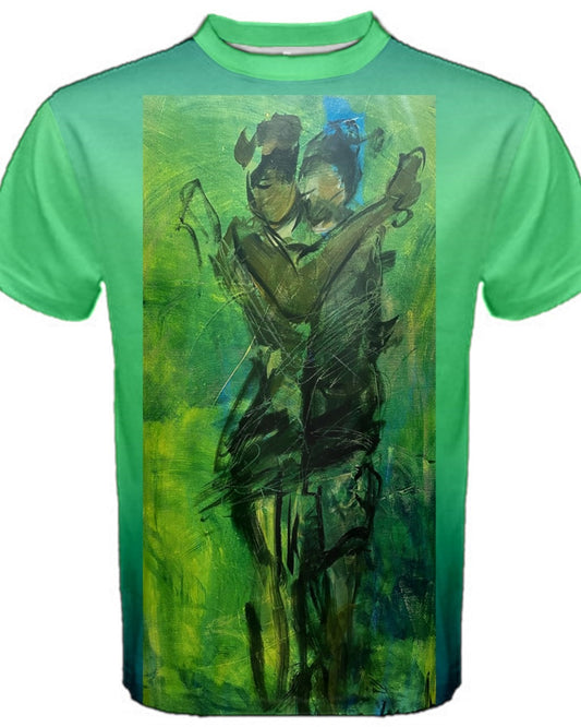 Front view of a vibrant men's  Green T-shirt featuring original artwork by Leeorah. The design bursts with a kaleidoscope of colors, blending seamlessly to create a captivating visual display. Available in a range of sizes to suit all body types, this T-shirt is a bold statement piece for any wardrobe