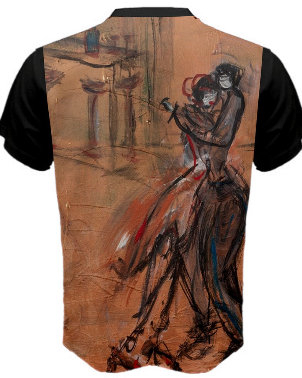 Back view of a vibrant men's  T-shirt featuring original artwork by Leeorah. The design bursts with a kaleidoscope of colors, blending seamlessly to create a captivating visual display. Available in a range of sizes to suit all body types, this T-shirt is a bold statement piece for any wardrobe