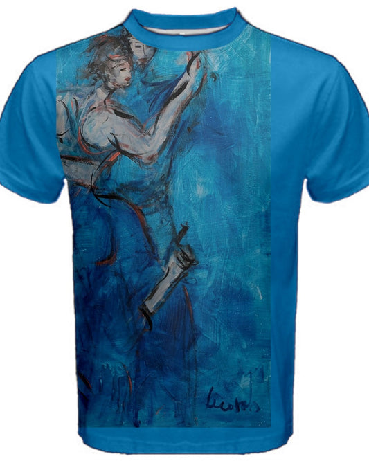 Front view of a vibrant men's  blue T-shirt featuring original artwork by Leeorah. The design bursts with a kaleidoscope of colors, blending seamlessly to create a captivating visual display. Available in a range of sizes to suit all body types, this T-shirt is a bold statement piece for any wardrobe