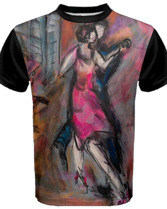 Front view of a vibrant men's  T-shirt featuring original artwork by Leeorah. The design bursts with a kaleidoscope of colors, blending seamlessly to create a captivating visual display. Available in a range of sizes to suit all body types, this T-shirt is a bold statement piece for any wardrobe