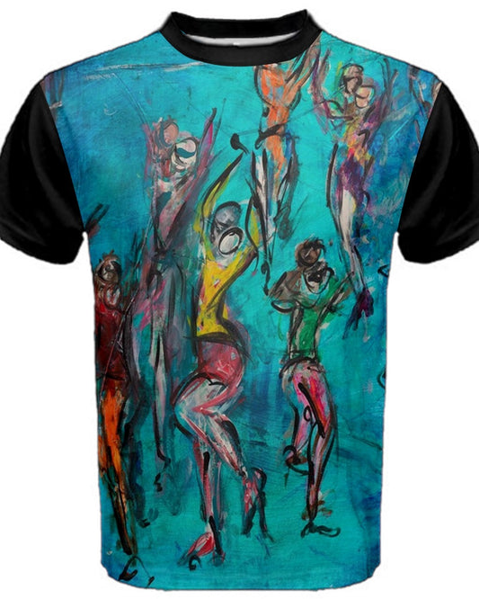 Front view of a vibrant men's  Blue T-shirt featuring original artwork by Leeorah. The design bursts with a kaleidoscope of colors, blending seamlessly to create a captivating visual display. Available in a range of sizes to suit all body types, this T-shirt is a bold statement piece for any wardrobe
