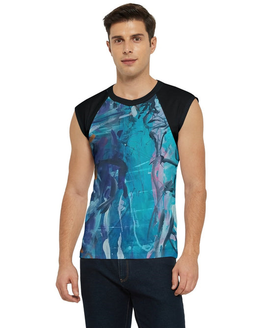 Front view of a vibrant  blue men's   T-shirt featuring original artwork by Leeorah. The design bursts with a kaleidoscope of colors, blending seamlessly to create a captivating visual display. Available in a range of sizes to suit all body types, this T-shirt is a bold statement piece for any wardrobe