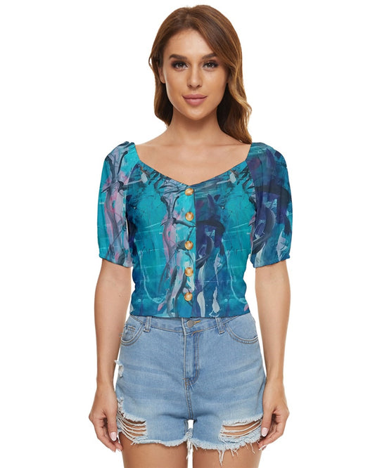 Front view of a vibrant  blue  top featuring original artwork by Leeorah. The design is bold and alluring, with intricate details that captivate the eye. The fabric appears soft and stretchy, promising both comfort and style. Perfect for dancing, it exudes confidence and allure, inviting movement and self-expression