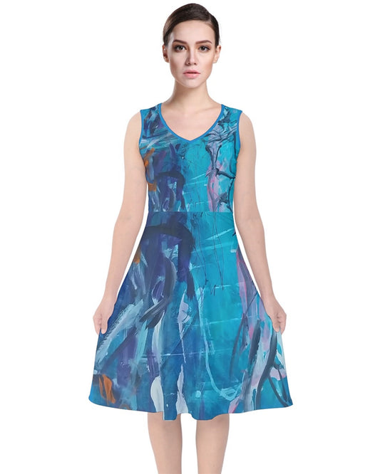  An airy  blue day dress with a vibrant, original art print by Leeorah, designed to flatter all sizes. The dress features a relaxed silhouette and soft fabric, promising comfort and style for any occasion. Front view