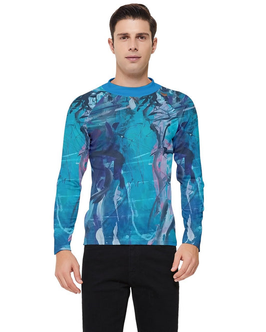 front view of a vibrant men's  rash-gautrd featuring original artwork by Leeorah. The design bursts with a kaleidoscope of colors, blending seamlessly to create a captivating visual display. Available in a range of sizes to suit all body types, this  rash gaurd is a bold statement piece for any wardrobe