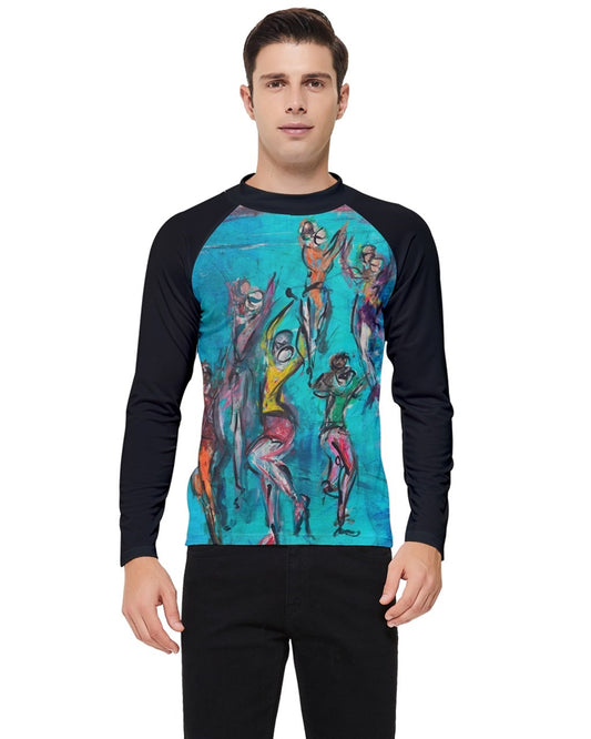  Front view  of a vibrant men's  Blue rash-gaurd featuring original artwork by Leeorah. The design bursts with a kaleidoscope of colors, blending seamlessly to create a captivating visual display. Available in a range of sizes to suit all body types, this  rash gaurd is a bold statement piece for any wardrobe