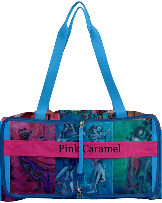 front view of bags featuring vibrant original art by Leeorah, showcasing a kaleidoscope of colors and intricate designs, perfect for adding a pop of creativity to your everyday carry."
