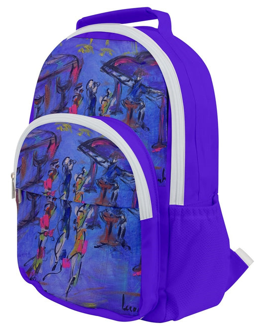 Vibrant backpack featuring Leeorah's captivating dancer artwork - Practical meets artistic flair. Front view