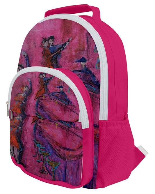  Vibrant pink backpack featuring Leeorah's captivating dancer artwork - Practical meets artistic flair.  Front view