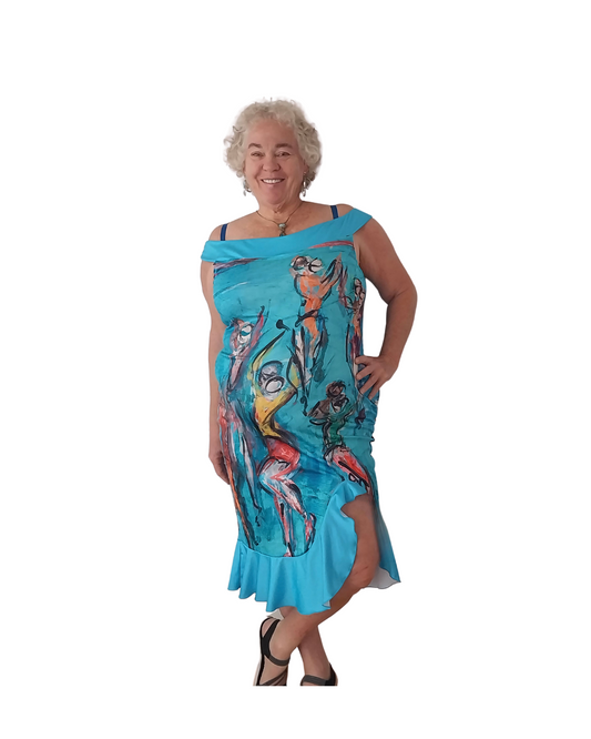 A stunning torquoise plus size dress designed by Leeorah, featuring original art, perfect for lighting up the dance floor or commanding attention at any elegant event. Its figure-hugging silhouette embraces all sizes with flattering grace, promising to make you stand out amidst the crowd.Front view