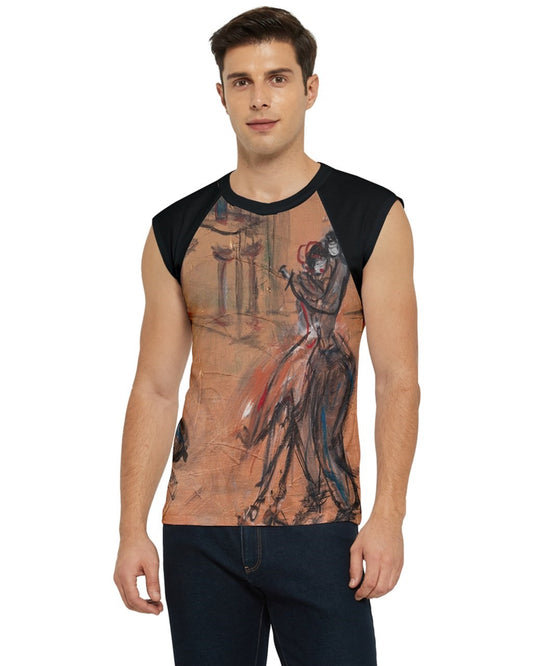 Front view of a vibrant men's   T-shirt featuring original artwork by Leeorah. The design bursts with a kaleidoscope of colors, blending seamlessly to create a captivating visual display. Available in a range of sizes to suit all body types, this T-shirt is a bold statement piece for any wardrobe