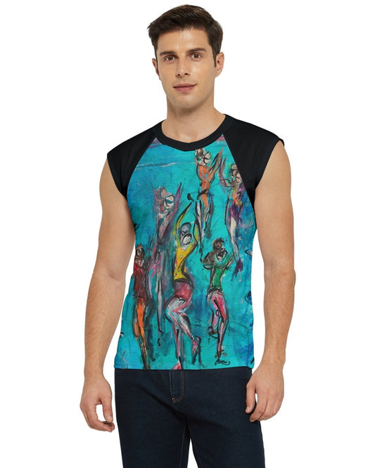 Front view of a vibrant men's  blue T-shirt featuring original artwork by Leeorah. The design bursts with a kaleidoscope of colors, blending seamlessly to create a captivating visual display. Available in a range of sizes to suit all body types, this T-shirt is a bold statement piece for any wardrobe