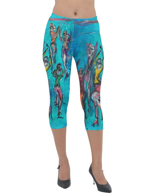 ibrant torquoise leggings featuring unique art by Leeorah, showcasing a colorful array of abstract patterns and designs.Good for the yoga studio, dance floor or everyday wear. Front View