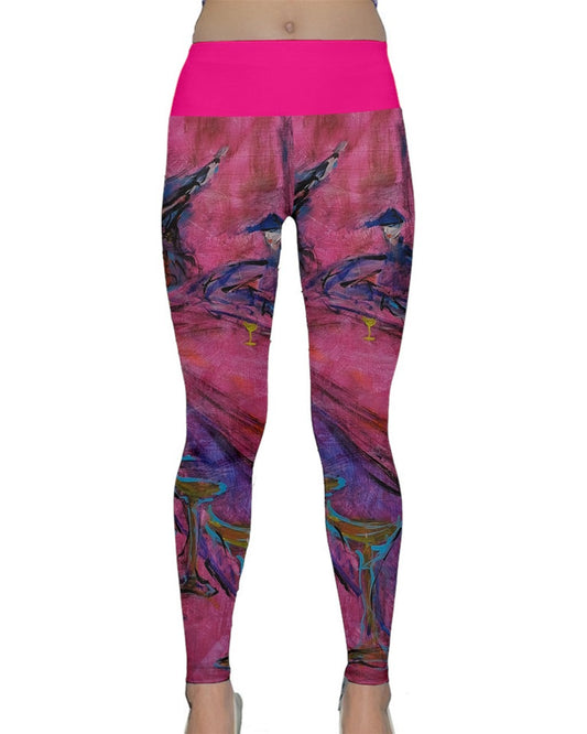 Vibrant pink leggings featuring unique art by Leeorah, showcasing a colorful array of abstract patterns and designs.Good for the yoga studio, dance floor or everyday wear. Front View