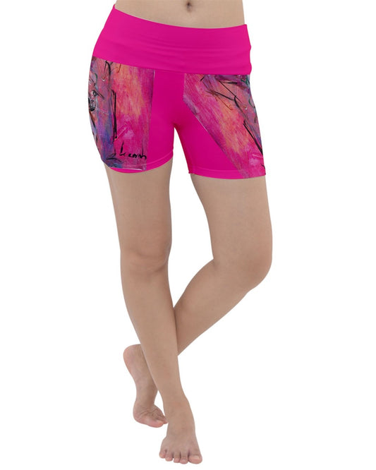 Vibrant pink leggings featuring unique art by Leeorah, showcasing a colorful array of abstract patterns and designs.Good for the yoga studio, dance floor or everyday wear. Front View